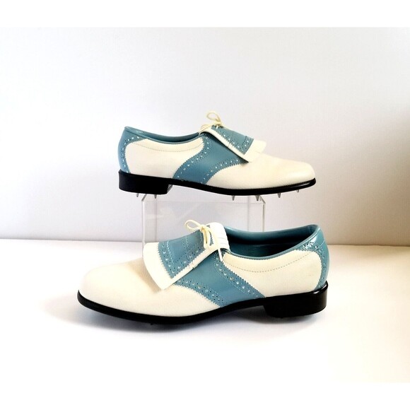 Vintage MONTGOMERY WARD Golf Shoes Sz 9 Blue White Oxford Kiltie Spikes - Picture 5 of 14